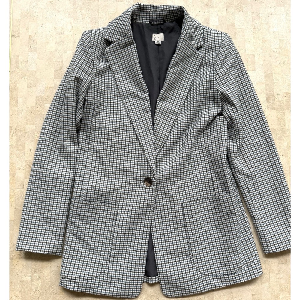 A New Day Oversized Plaid One Button Blazer Size XS Pocket Blue Gray Academia